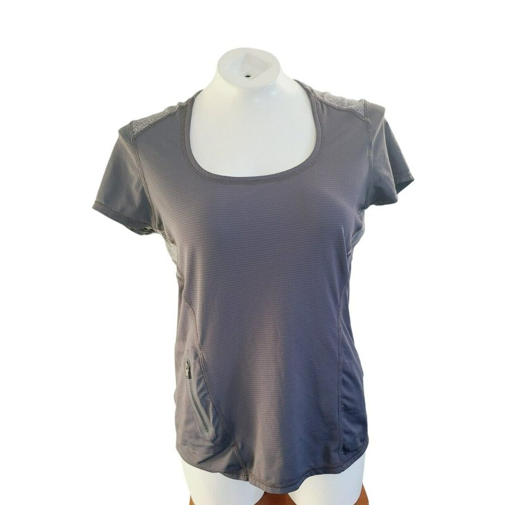 REI Womens Medium Gray Short Sleeve Active Hiking Top Mesh Back Zip Pocket‎